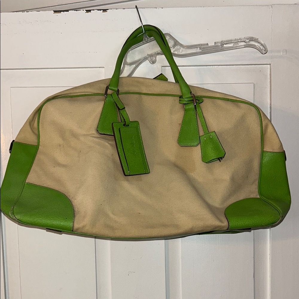 Vintage Prada Green Leather & Tan Canvas Duffel Bag Bowler straps, lock & keys